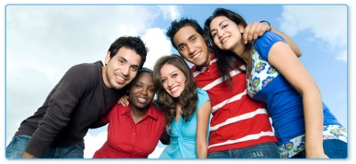 Teenage boys and girls in the blue sky for photo cut out service